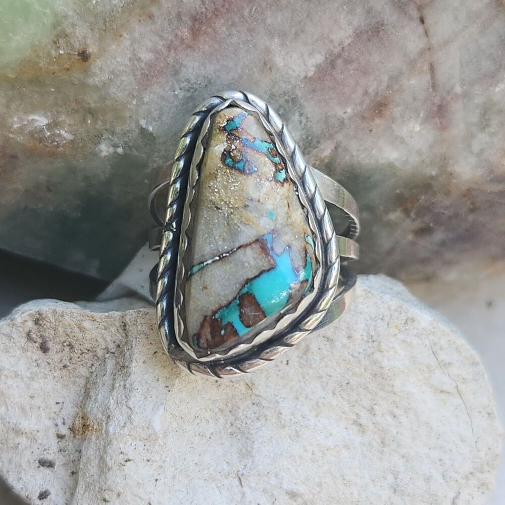 Boulder Turquoise Ring Native US handmade Rosella Paxton Aphache signed sz 6.5